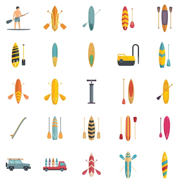 Iconos de surf Sup establecer tabla de surf de vector plano