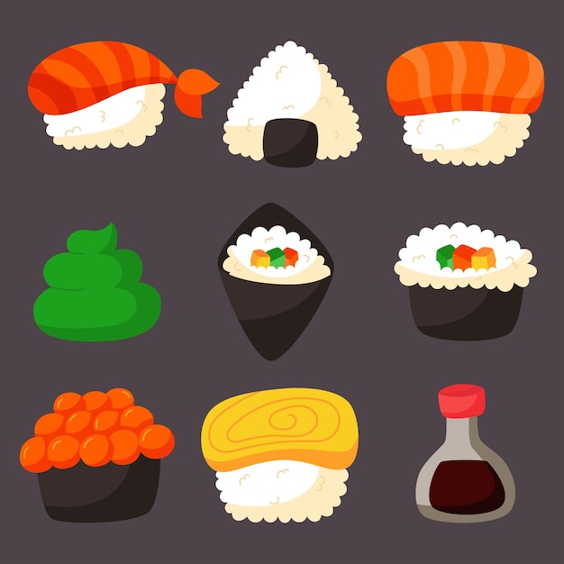 iconos de sushi establecen comida japonesa sobre fondo negro