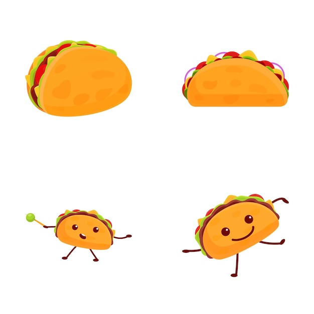 Iconos de tacos set vector de dibujos animados personaje de tacos de comida rápida