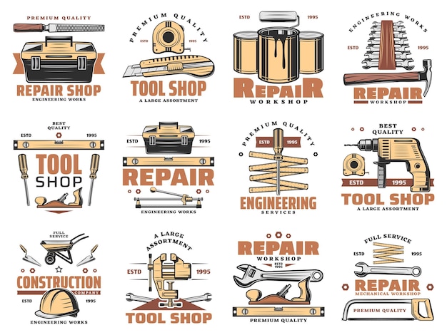 Iconos de taller de herramientas de trabajo de reparación y servicio