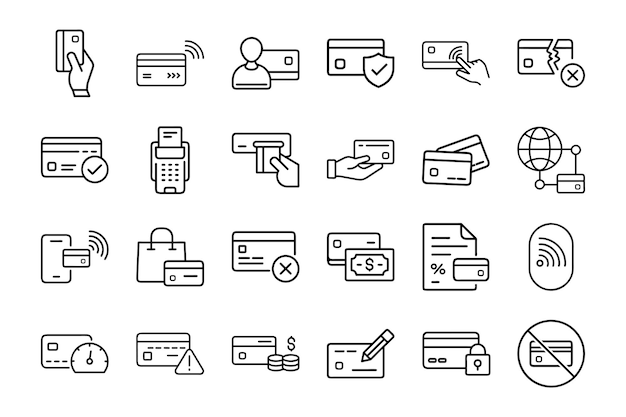 Iconos de tarjetas de crédito y pagos Conjunto de líneas vectoriales para la interfaz de usuario de finanzas y comercio electrónico
