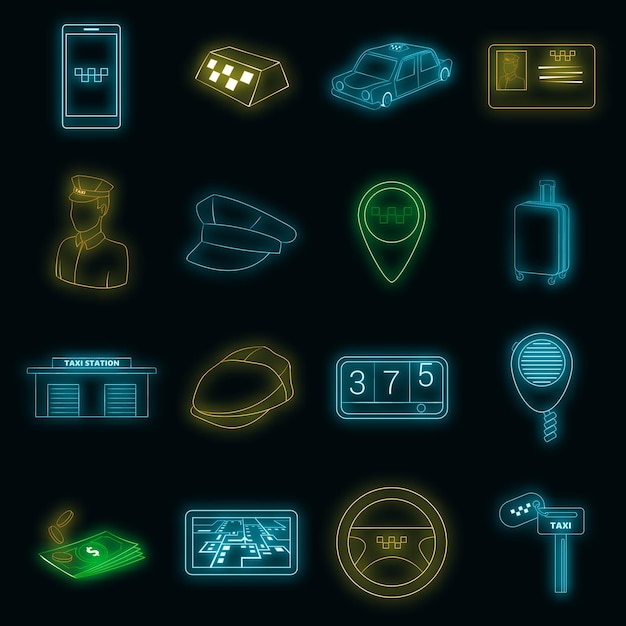 Iconos de taxi ambientados en estilo neón. elementos de servicio de taxi conjunto ilustración vectorial de colección