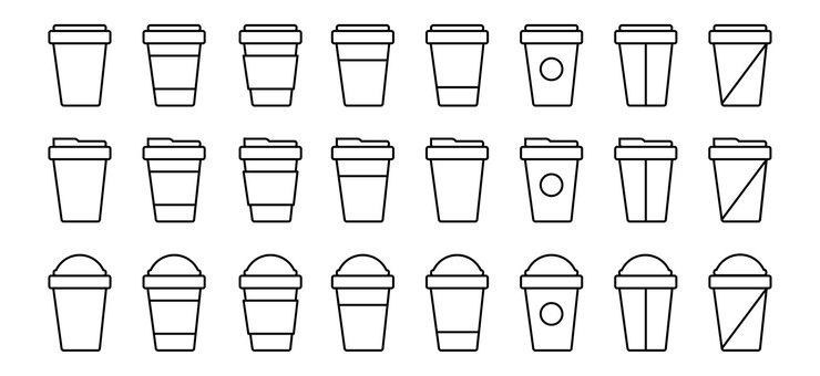 Iconos de taza de café conjunto vectorial en estilo de línea Taza de papel de café recipiente de plástico