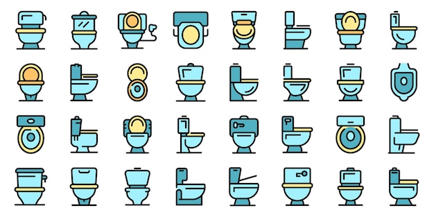 Iconos de tazón de inodoro conjunto de contorno vector inodoro limpio tapa cerámica