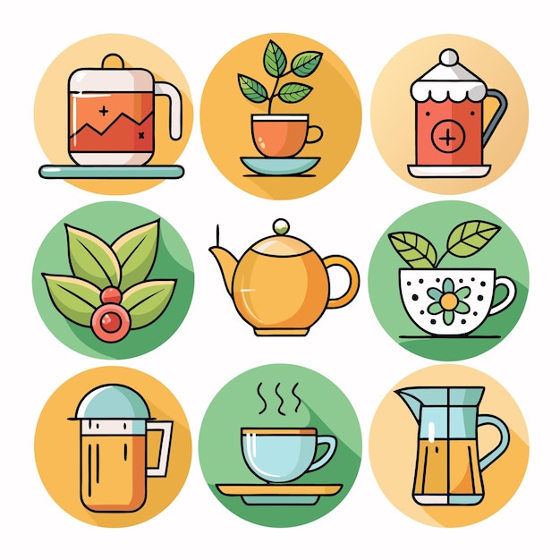 Iconos de té de hierbas orgánicas Hojas de infusión de té verde e ilustraciones de teteras