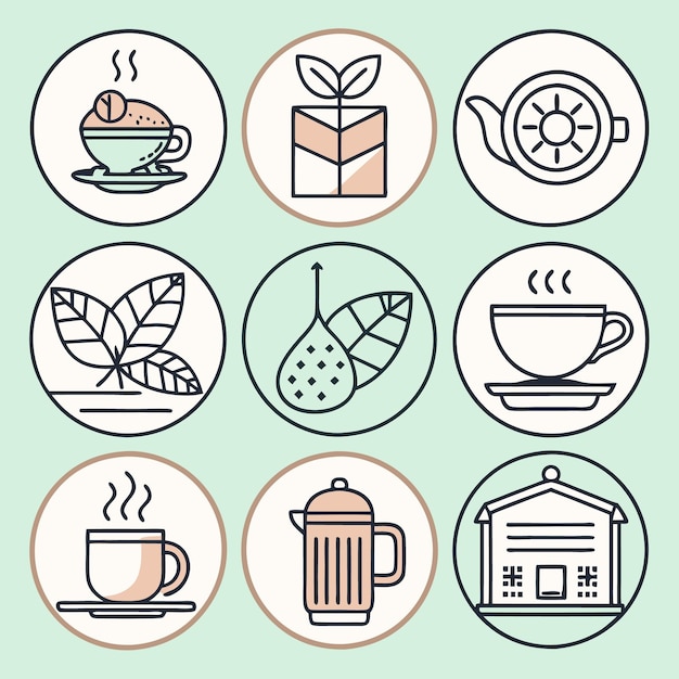 Iconos de té de hierbas orgánicas Hojas de infusión de té verde e ilustraciones de teteras