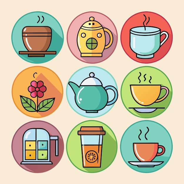 Iconos de té de hierbas orgánicas Hojas de infusión de té verde e ilustraciones de teteras