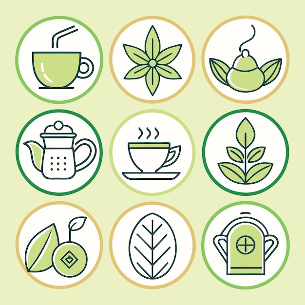 Iconos de té de hierbas orgánicas Hojas de infusión de té verde e ilustraciones de teteras