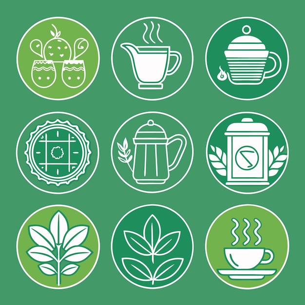 Iconos de té de hierbas orgánicas Hojas de infusión de té verde e ilustraciones de teteras