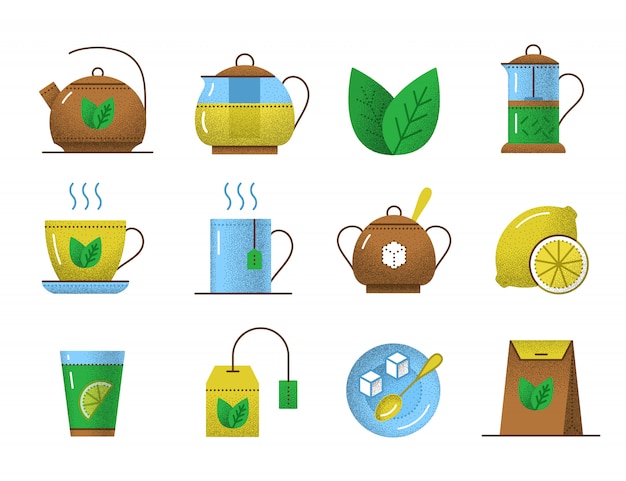 Iconos de té con textura retro