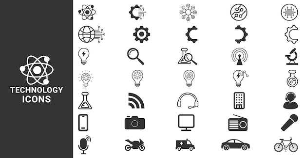 Iconos de tecnología: administrador de TI, análisis de datos, seguridad de la red de Internet, iconos vectoriales.