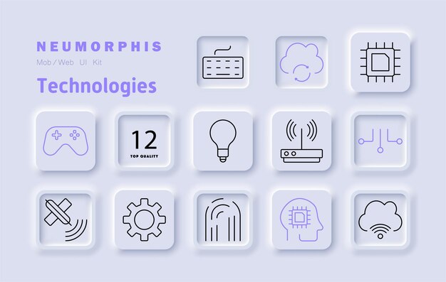 Iconos de tecnología: certificación de calidad de juegos, dispositivos inteligentes, computación en la nube, procesador de IA, conexión inalámbrica, ciberseguridad, automatización, reconocimiento de huellas dactilares, cerebro digital.