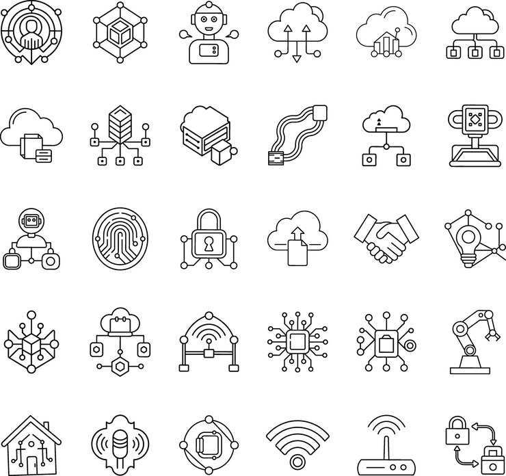 Vector iconos de tecnología computación en la nube red iot inteligencia artificial seguridad automatización
