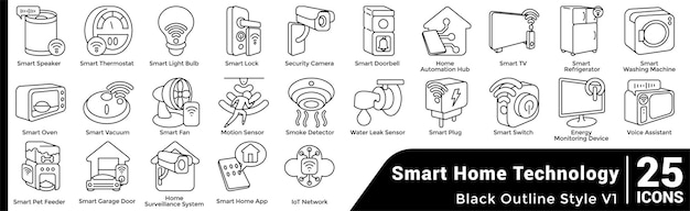 Iconos de tecnología para el hogar inteligente Estilo de contorno negro