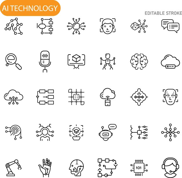 Iconos de tecnología de IA Red Nube Robótica Datos del cerebro
