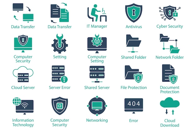 Iconos de tecnología de la información conjunto de íconos sólidos estilo elemento de tecnología ilustración vectorial