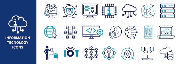 Iconos de tecnología de la información Establezca la seguridad de la red, la computación en la nube, los grandes datos y el análisis de datos.