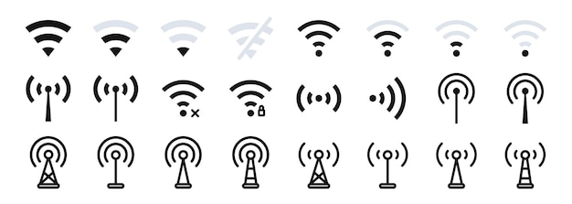Iconos de tecnología de red inalámbrica Símbolo de conexión a Internet Nivel inalámbrico y señal wifi Signo de zona WiFi Iconos vectoriales WIFI Conjunto de iconos wifi gratis Nivel de señal WIFi
