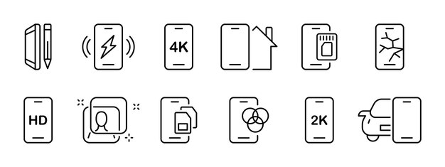 Vector iconos de teléfonos: cargador de teléfonos y lápices, tarjeta de memoria para el hogar inteligente, tarjeta sim, reconocimiento facial, resoluciones 2k, 4k y hd, pantalla rota, paleta de colores, icono de línea vectorial sobre fondo blanco.