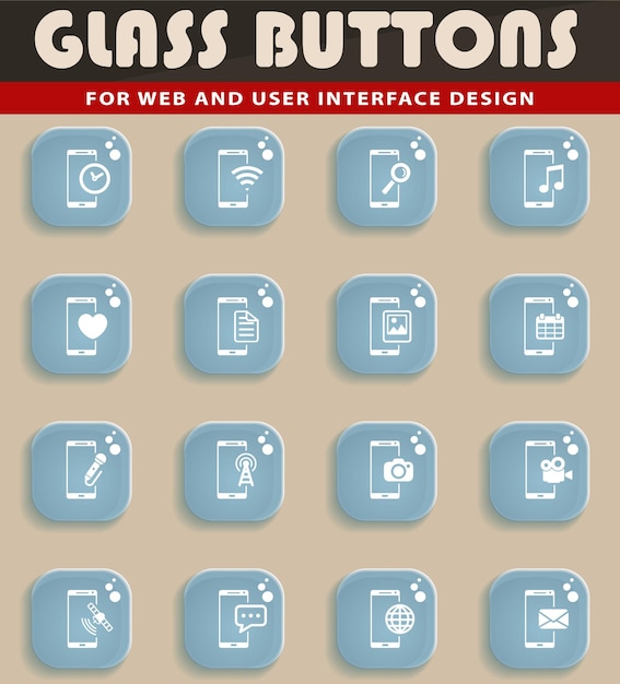 Iconos de teléfonos inteligentes en botones de vidrio para el diseño de la interfaz de usuario