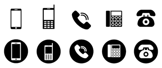 Iconos de teléfonos desde viejos rotarios hasta teléfonos inteligentes modernos en blanco y negro para la interfaz de usuario y el diseño