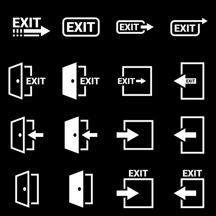 Vector iconos para el tema establecimiento de iconos vectoriales de puertas de entrada y salida fondo negro