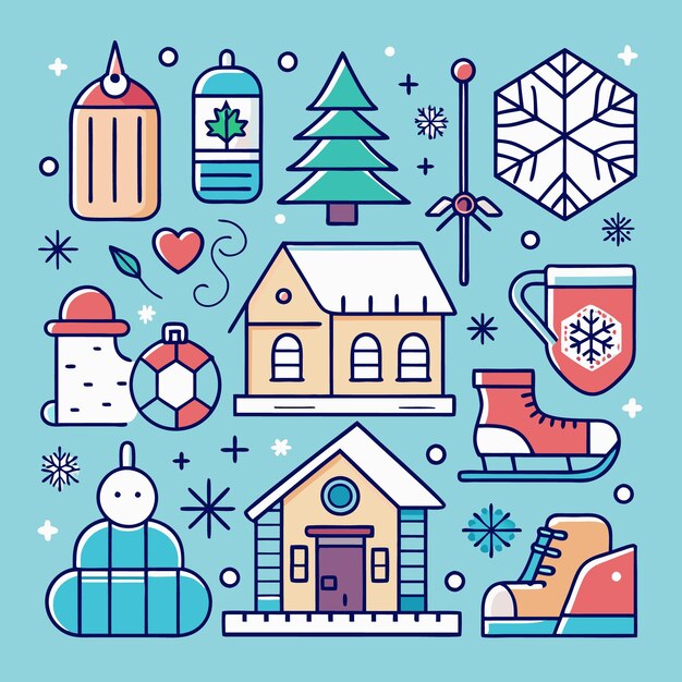 Iconos con temas de invierno, incluidas botas de casa de nieve y un copo de nieve