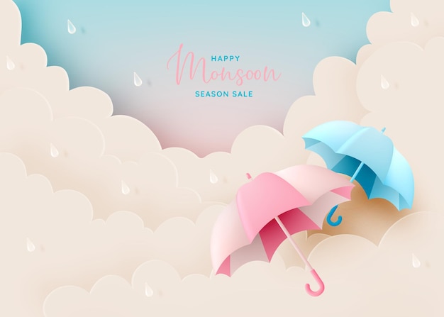 Los iconos de la temporada de monzones con nubes de gotas de lluvia de paraguas e iluminación parpadean en un esquema de colores pastel.