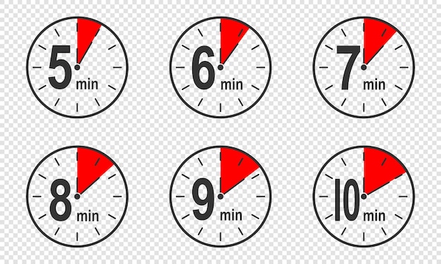 Iconos de temporizador con 5 6 7 8 9 10 minutos de intervalo de tiempo Reloj de cuenta regresiva o símbolos de cronómetro