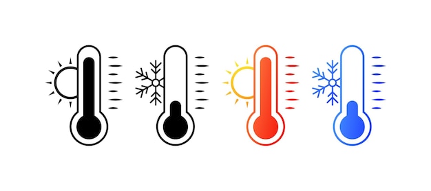 Iconos de termómetro Diferentes estilos de termómetro con sol y copos de nieve frío y calor en iconos de termómetro Iconos vectoriales