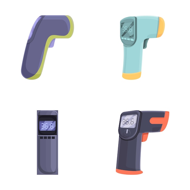 Los iconos del termómetro se establecen en el vector de dibujos animados de la pistola de termómetro infrarrojo sin contacto