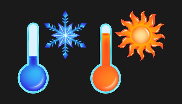 Vector iconos de termómetro de temperatura caliente y fría con copo de nieve y sol