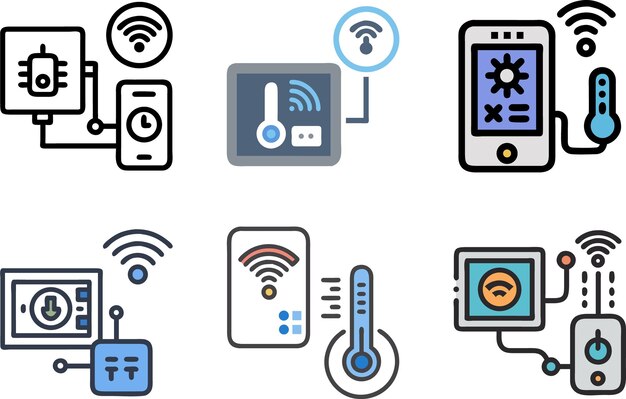 Iconos de termostato doméstico inteligente con conectividad inalámbrica