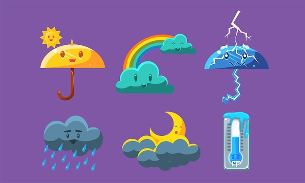 Iconos del tiempo bonitos conjunto pronóstico de meteorología símbolos ilustración vectorial en fondo púrpura