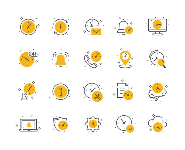 Iconos de tiempo conjunto de colores colección de elementos gráficos trabajo técnico centro de llamadas y línea directa