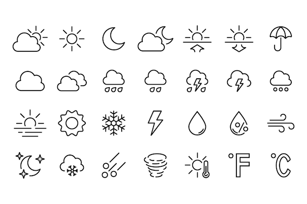 Iconos del tiempo Conjunto de iconos de la línea del tiempo Sol lluvia trueno tormenta rocío viento nieve nube cielo nubes