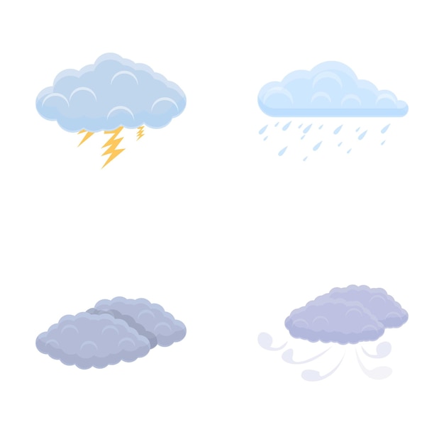 Los iconos del tiempo establecen el vector de dibujos animados Varias nubes con tormenta de lluvia y viento