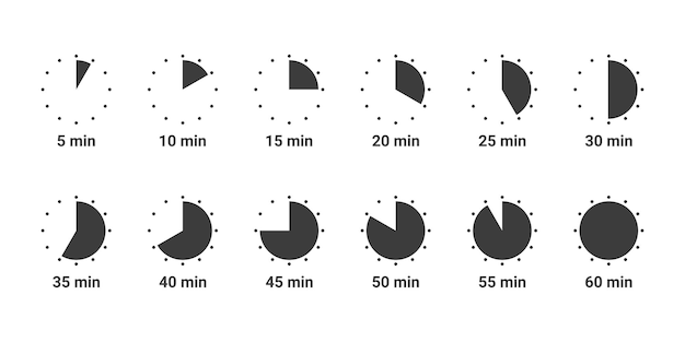 Iconos de tiempo establecidos Iconos de tiempo de preparación de la comida Iconos de tiempo de cocción Iconos de tiempo de ebullición Iconos de tiempo de fritura Ilustración vectorial