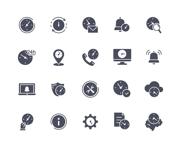 Iconos de tiempo reloj negro en la pantalla de la computadora y mapas de nubes colección de elementos gráficos para