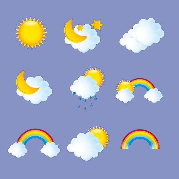 Iconos del tiempo sobre fondo violeta vector illustration