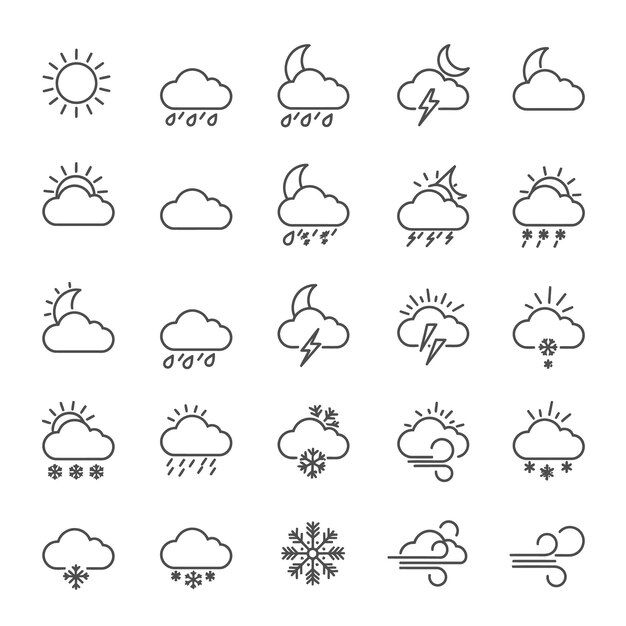 Iconos del tiempo Sol Nubes lluvia Nieve y relámpagos Símbolos