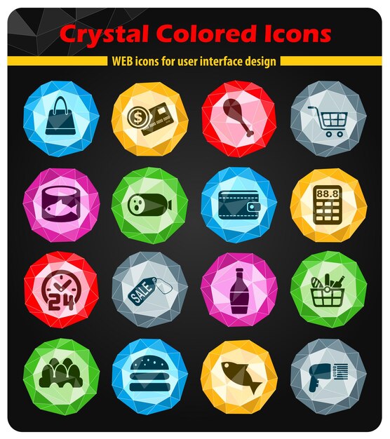 Iconos de tienda de abarrotes en cristales de botones de colores