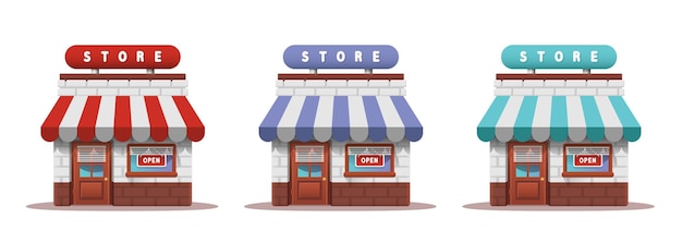 Iconos de tienda Dibujos animados iconos de tienda con estilo Vector clipart aislado sobre fondo blanco