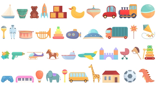 Los iconos de la tienda de juguetes establecen un vector de dibujos animados. tienda de mercado