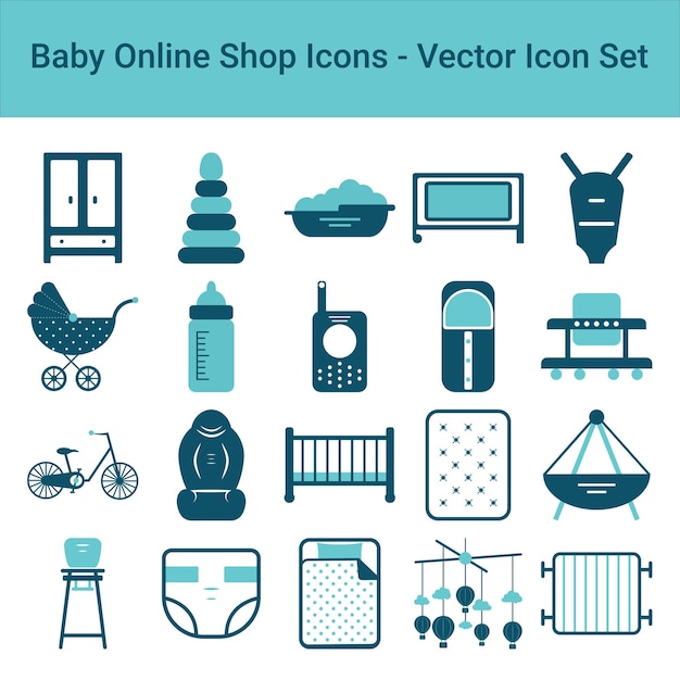 Iconos de la tienda en línea del bebé en un conjunto de iconos de vector de fondo blanco