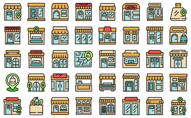 Los iconos de la tienda local establecen un vector plano