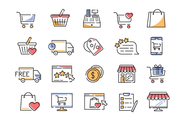 Iconos de la tienda Logotipo del supermercado Caja o carrito Entrega gratuita Descuento minorista en línea Símbolos del mercado de Internet Aplicación web Comentarios de los clientes