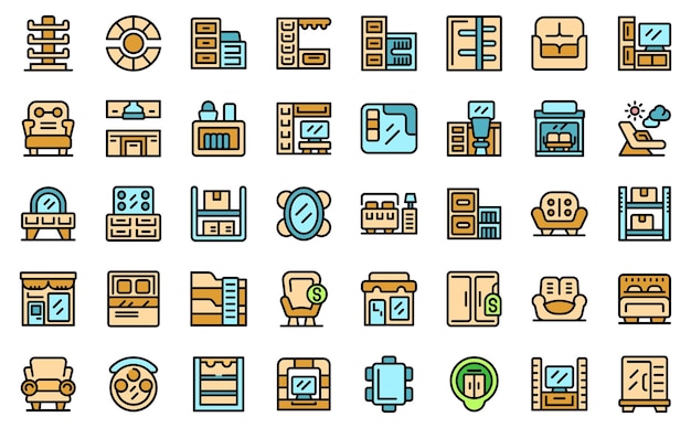 Los iconos de la tienda de muebles establecen el vector de contorno casa madera almacén sala de línea delgada color plano sobre blanco aislado