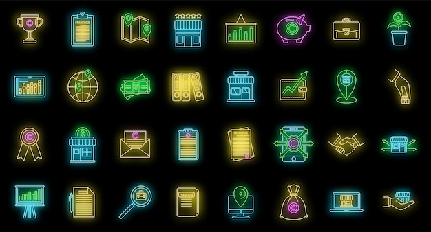 Los iconos de las tiendas de franquicia establecen el neón vectorial