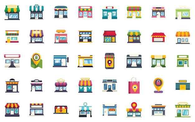 Los iconos de las tiendas locales establecen el vector de contorno de la calle de la ciudad de la tienda de la cafetería